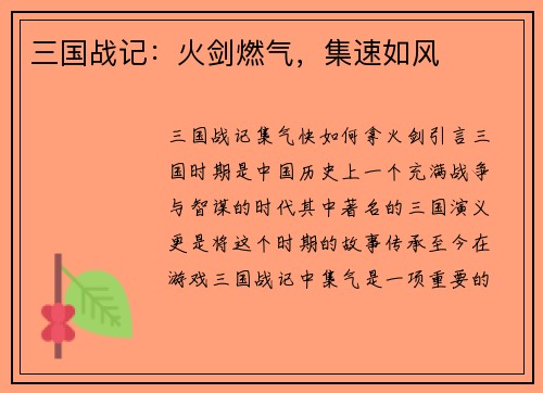 三国战记：火剑燃气，集速如风